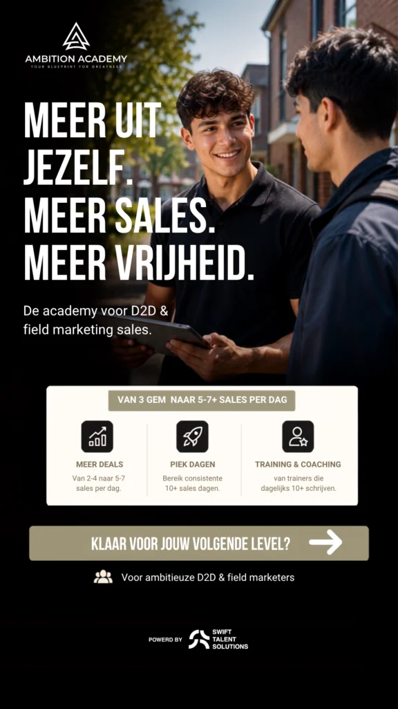 Meta recruitmentadvertentie van Swift Talent Solutions voor de vacature D2D sales voor Ambition Academy, ontworpen om geschikte kandidaten te bereiken via social media.