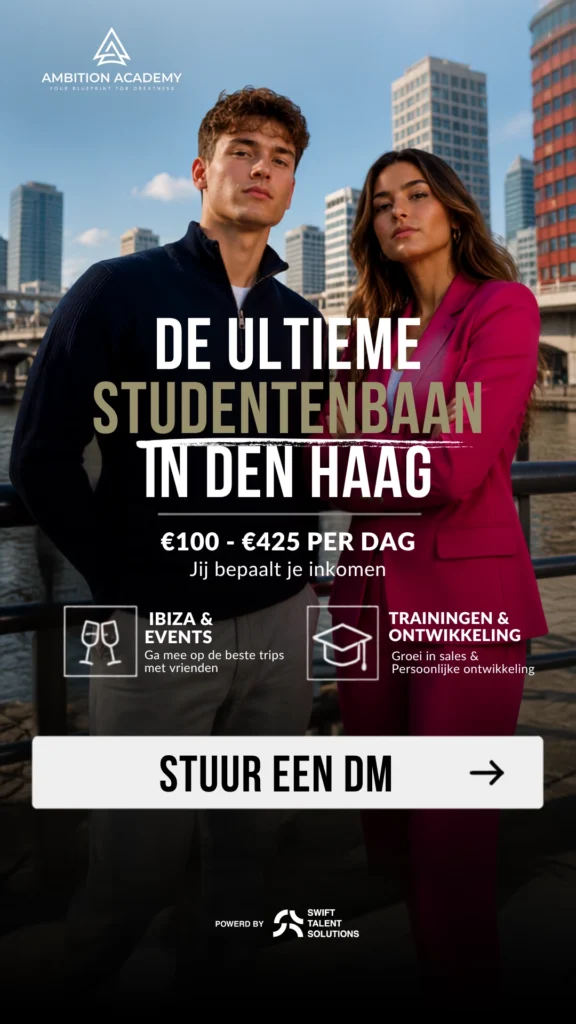 Meta recruitmentadvertentie van Swift Talent Solutions voor de vacature studentenbaan; sales voor Ambition Academy, ontworpen om geschikte kandidaten te bereiken via social media.