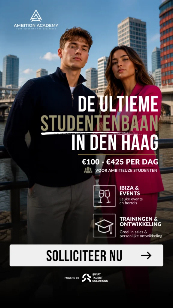 Meta recruitmentadvertentie van Swift Talent Solutions voor de vacature studentenbaan; sales voor Ambition Academy, ontworpen om geschikte kandidaten te bereiken via social media.