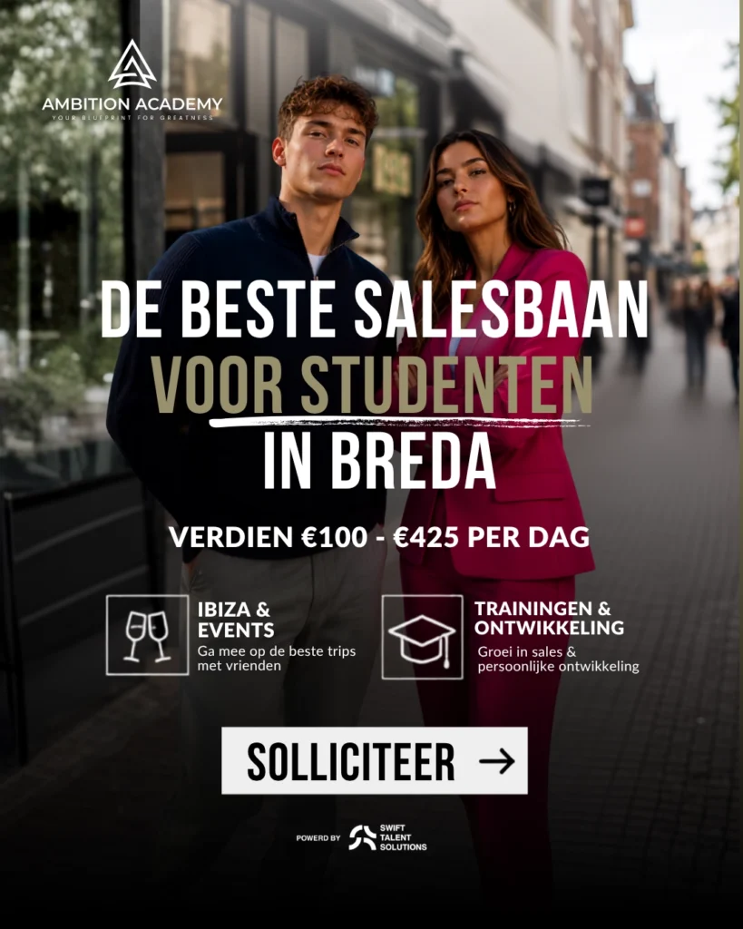 Meta recruitmentadvertentie van Swift Talent Solutions voor de vacature studentenbaan; sales voor Ambition Academy, ontworpen om geschikte kandidaten te bereiken via social media.