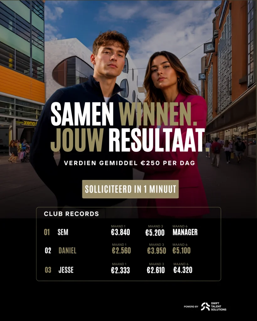 Meta recruitmentadvertentie van Swift Talent Solutions voor het aantrekken van studenten in sales voor Ambition Academy, ontworpen om geschikte kandidaten te bereiken via social media.