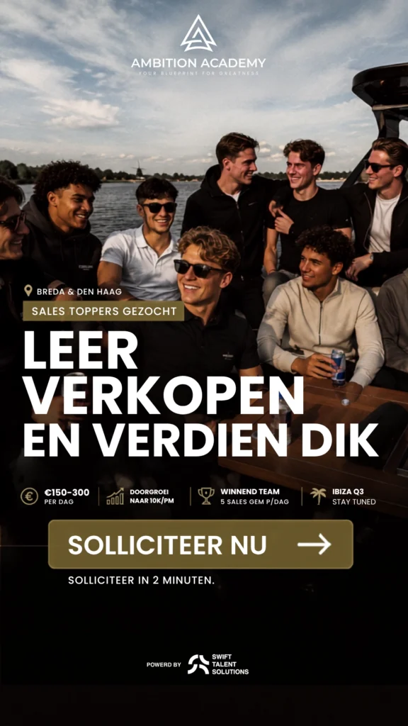 Meta recruitmentadvertentie van Swift Talent Solutions voor het aantrekken van talent om te leren in sales voor Ambition Academy, ontworpen om geschikte kandidaten te bereiken via social media.