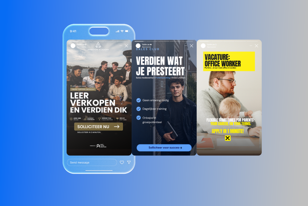 Drie voorbeelden van Meta advertenties voor recruitment marketing, gebruikt op de Swift Talent Solutions blog